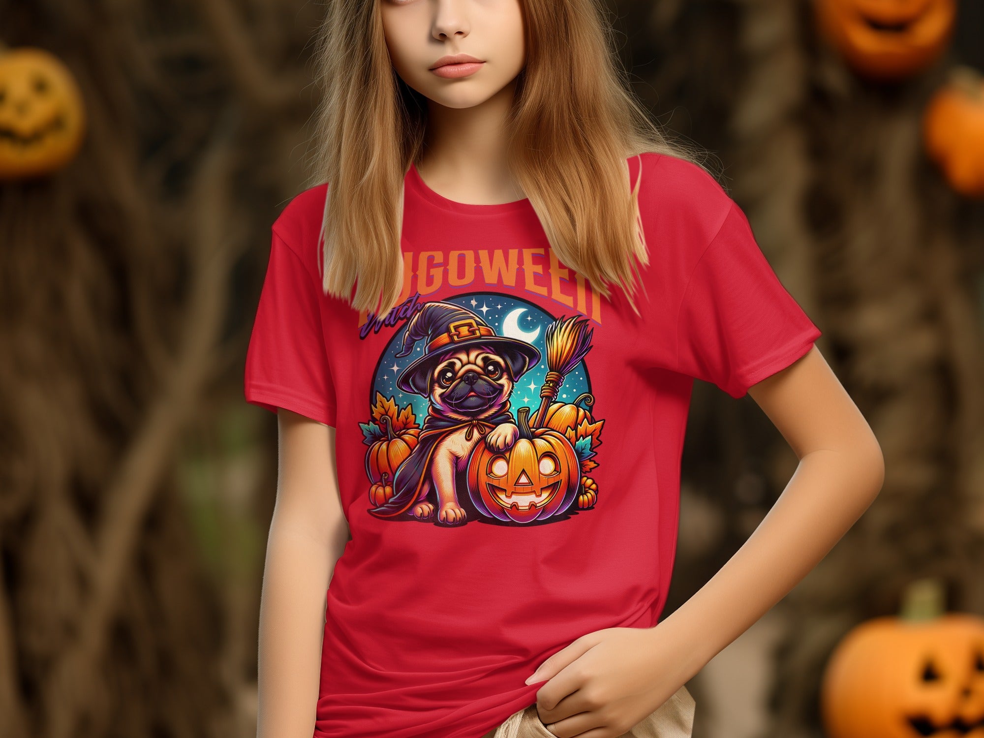 Cute Halloween Witch Pug Design Tee Shirt product type