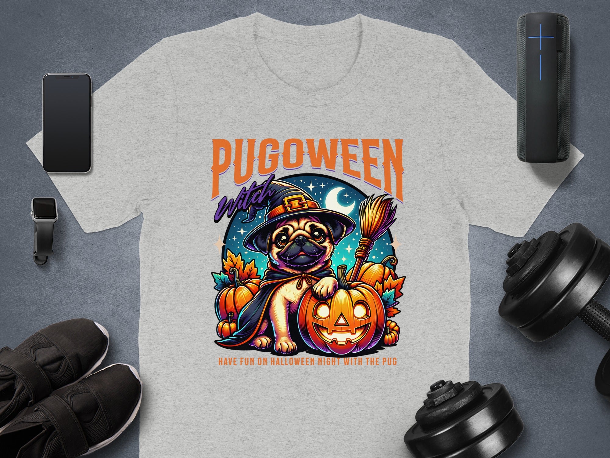 Pugoween Witch with Pumpkin Halloween T-shirt product type