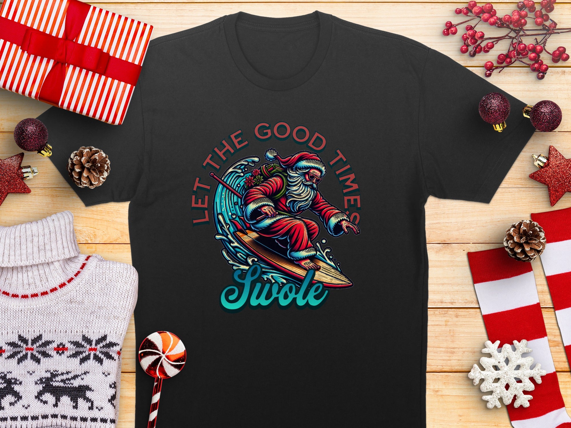 Let the Good Times Swole Santa Surfing T-Shirt product