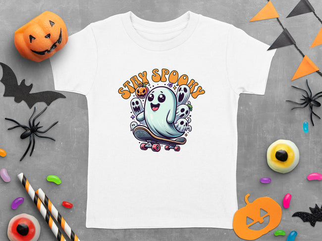 Stay Spooky Ghost and Pumpkin Skateboard Halloween T-Shirt