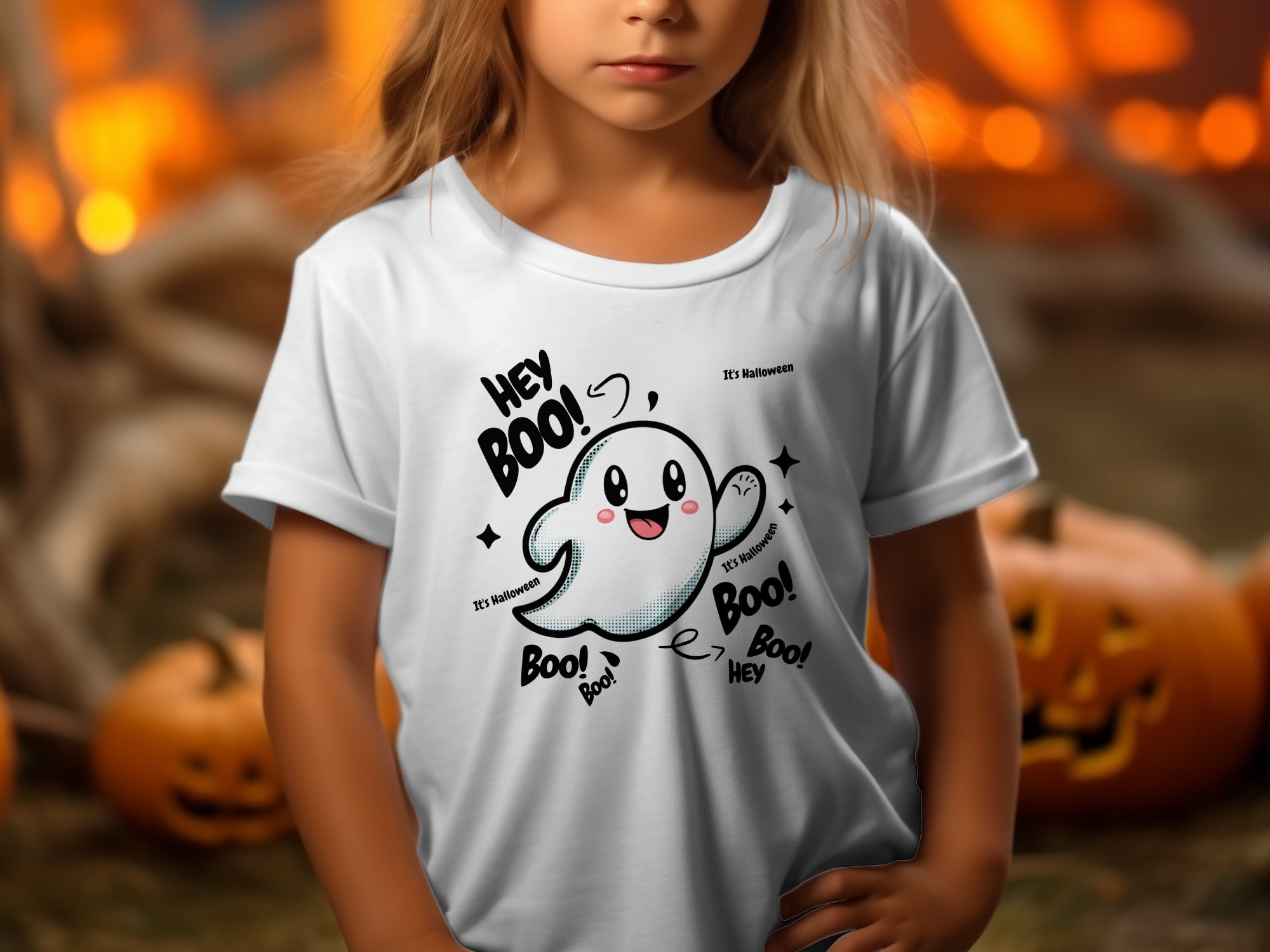 Cute Ghost Halloween Hey Boo Design Illustration T-Shirt