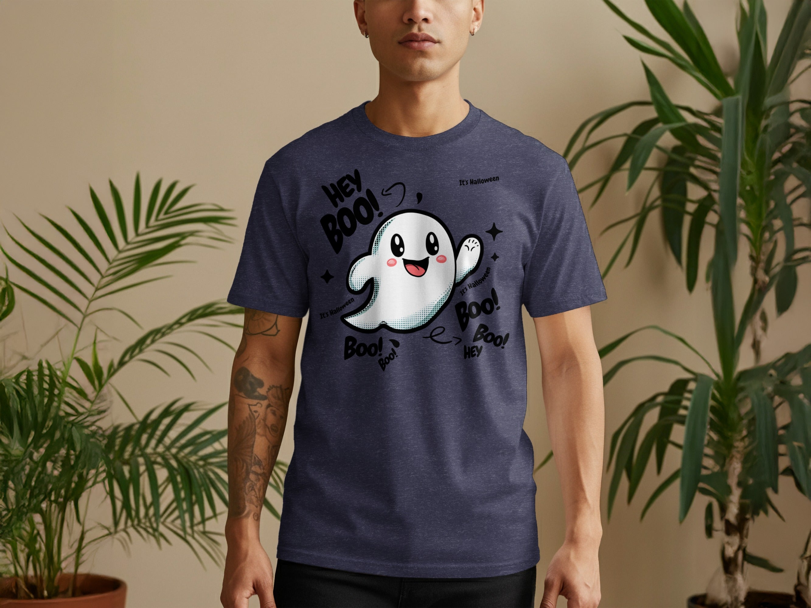 Cute Ghost Design Hey Boo Text Halloween T-Shirt product type