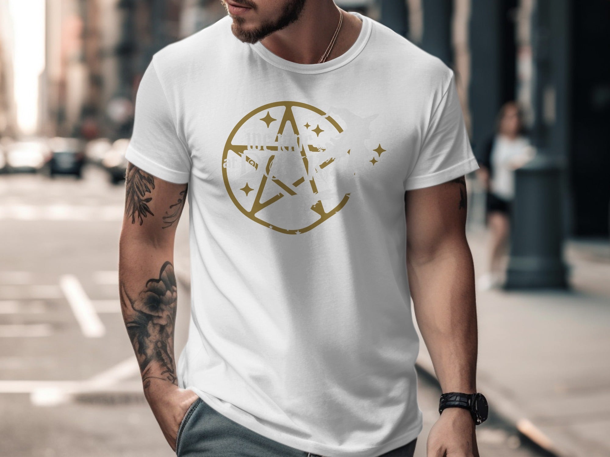 Gold Star Pattern Print Casual T-Shirt product