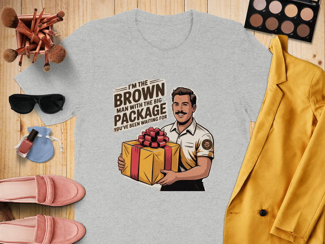 Funny Graphic Tee with Brown Man and Big Package product type