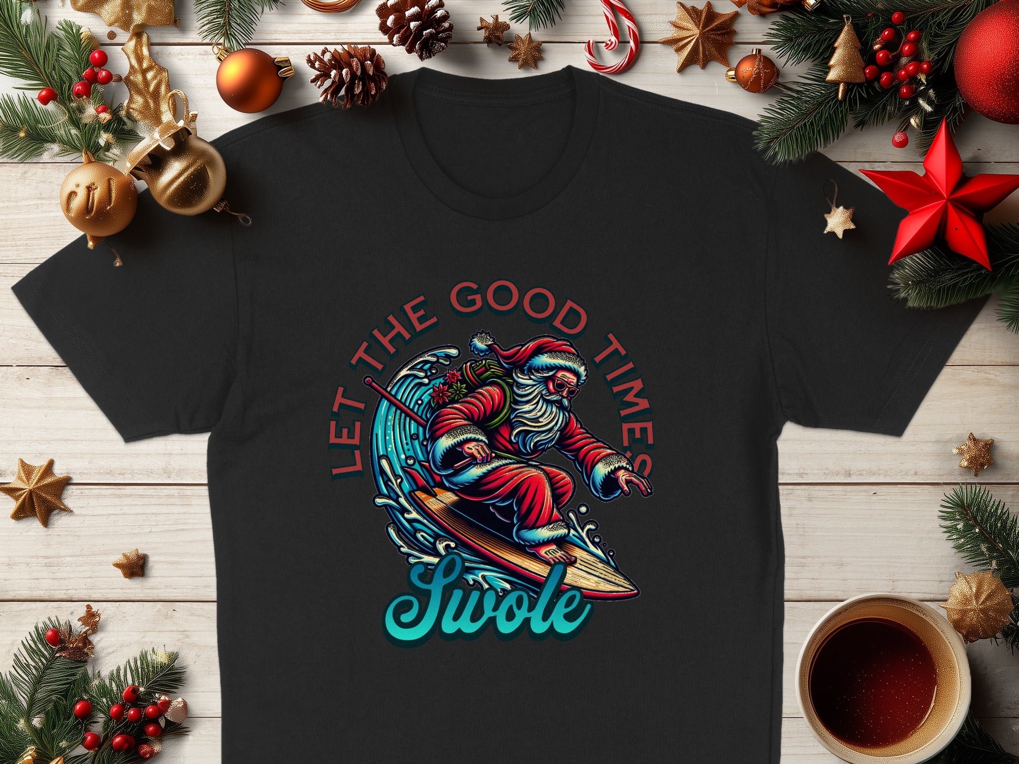 Let the Good Times Surfing Santa Graphic T-shirt