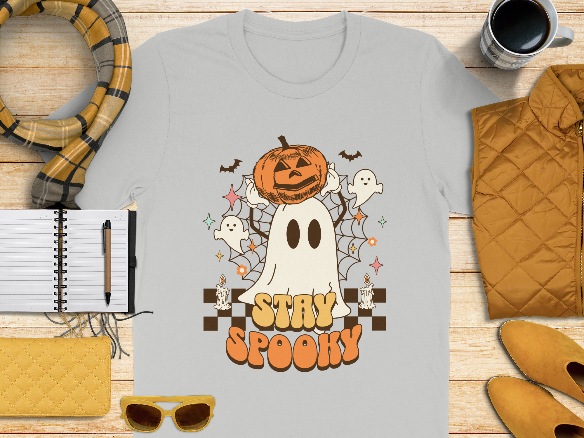 Stay Spooky Cute Halloween Design with Ghost and Pumpkin T-Shirt