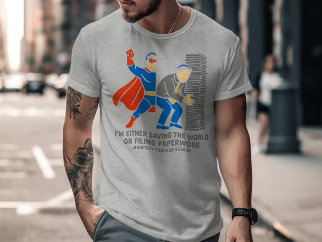Superhero Saving World or Filing Paperwork T-shirt product type