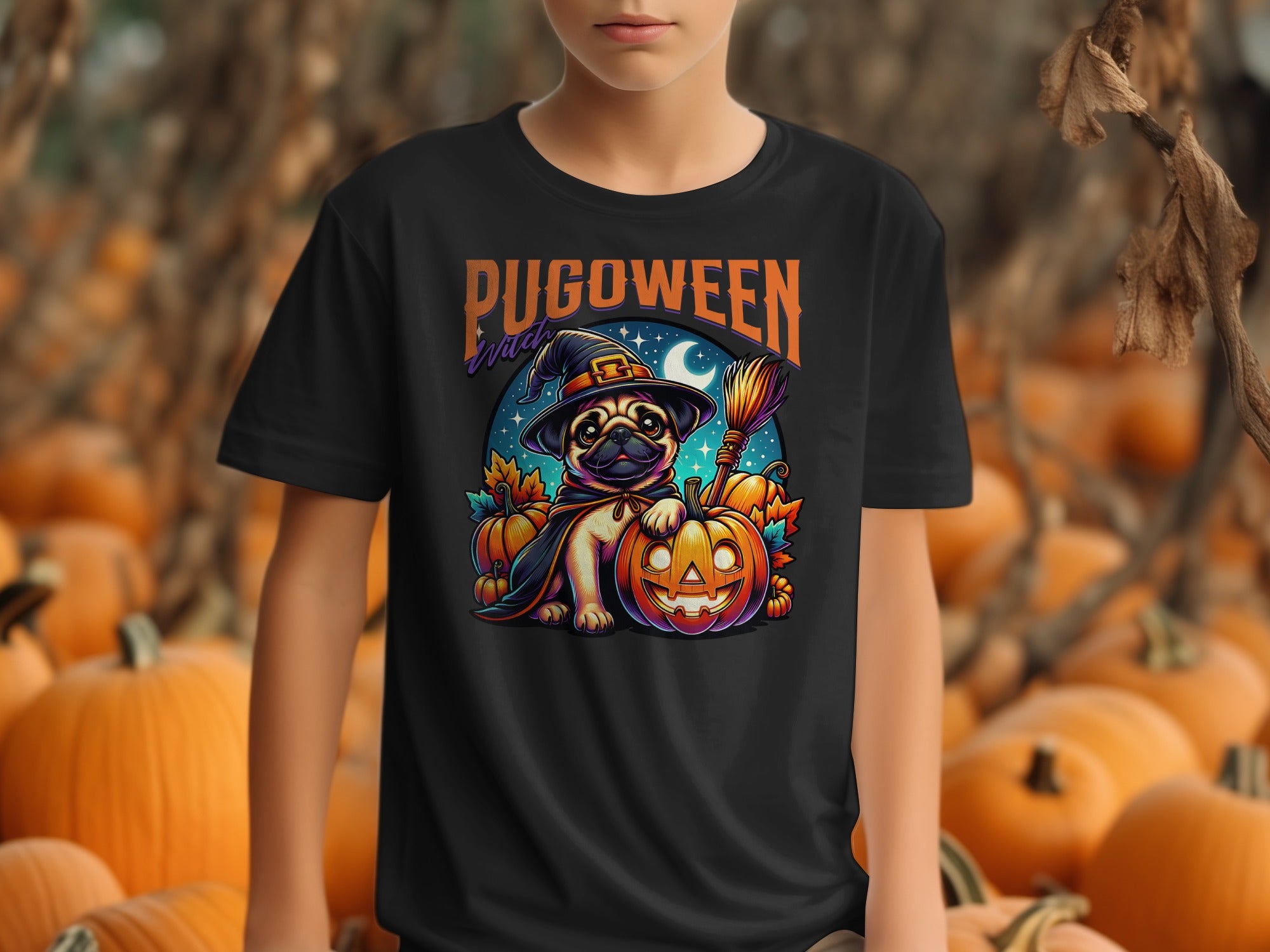 Halloween Pug with Pumpkin Graphic Black T-shirt product