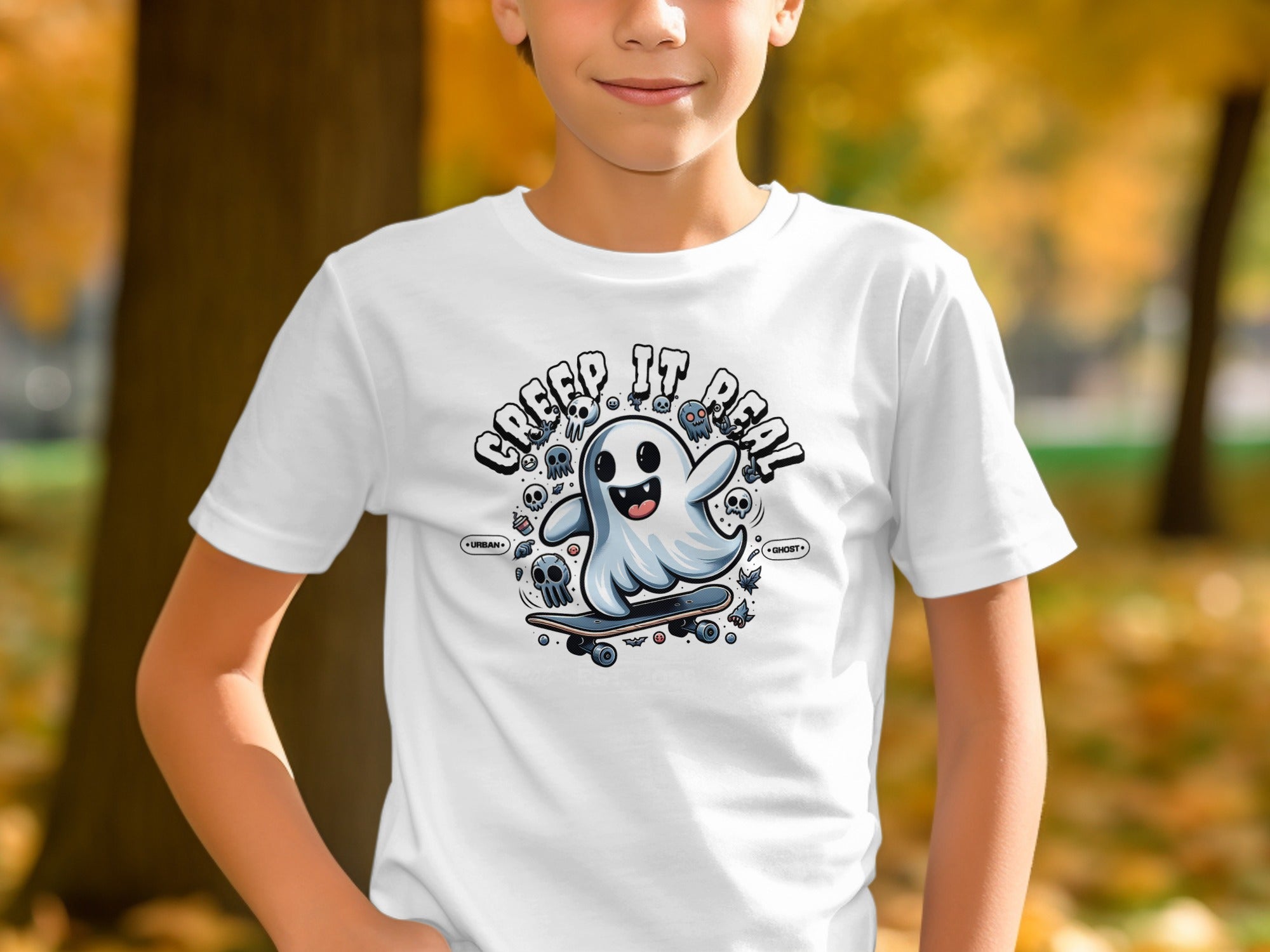 Cute Skateboarding Ghost Halloween T-Shirt for Kids product