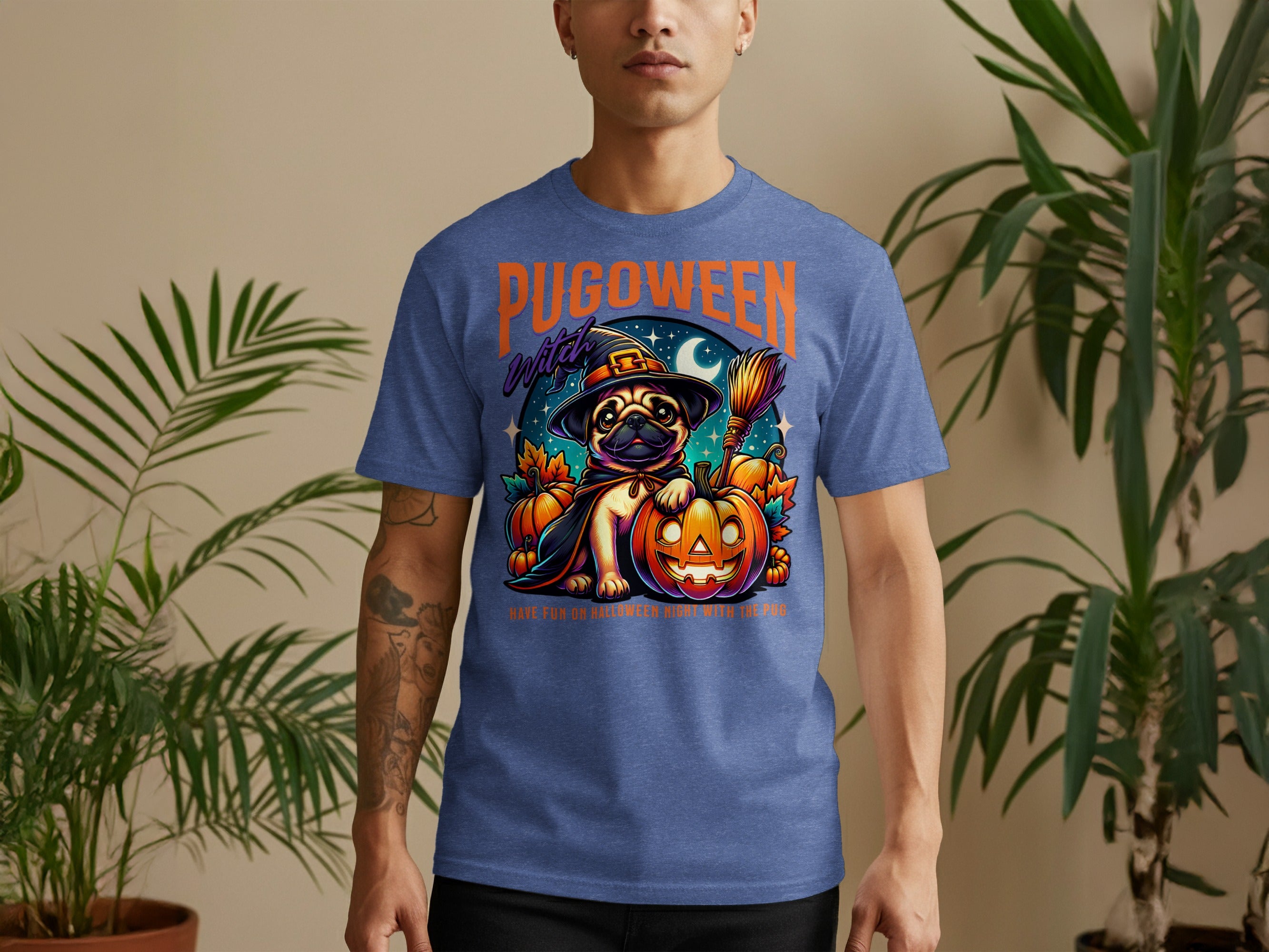 Blue Pugoween Halloween Shirt with Witch Pug product type