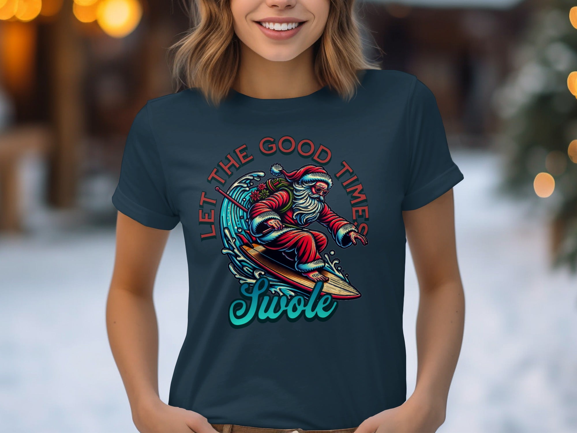 Festive Santa Riding Surfboard Graphic T-Shirt product type