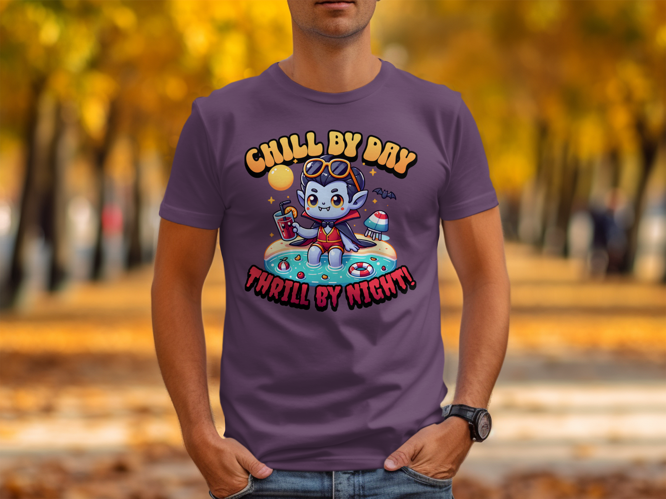 Chill by Day Thrill by Night Vampire Cartoon T-Shirt