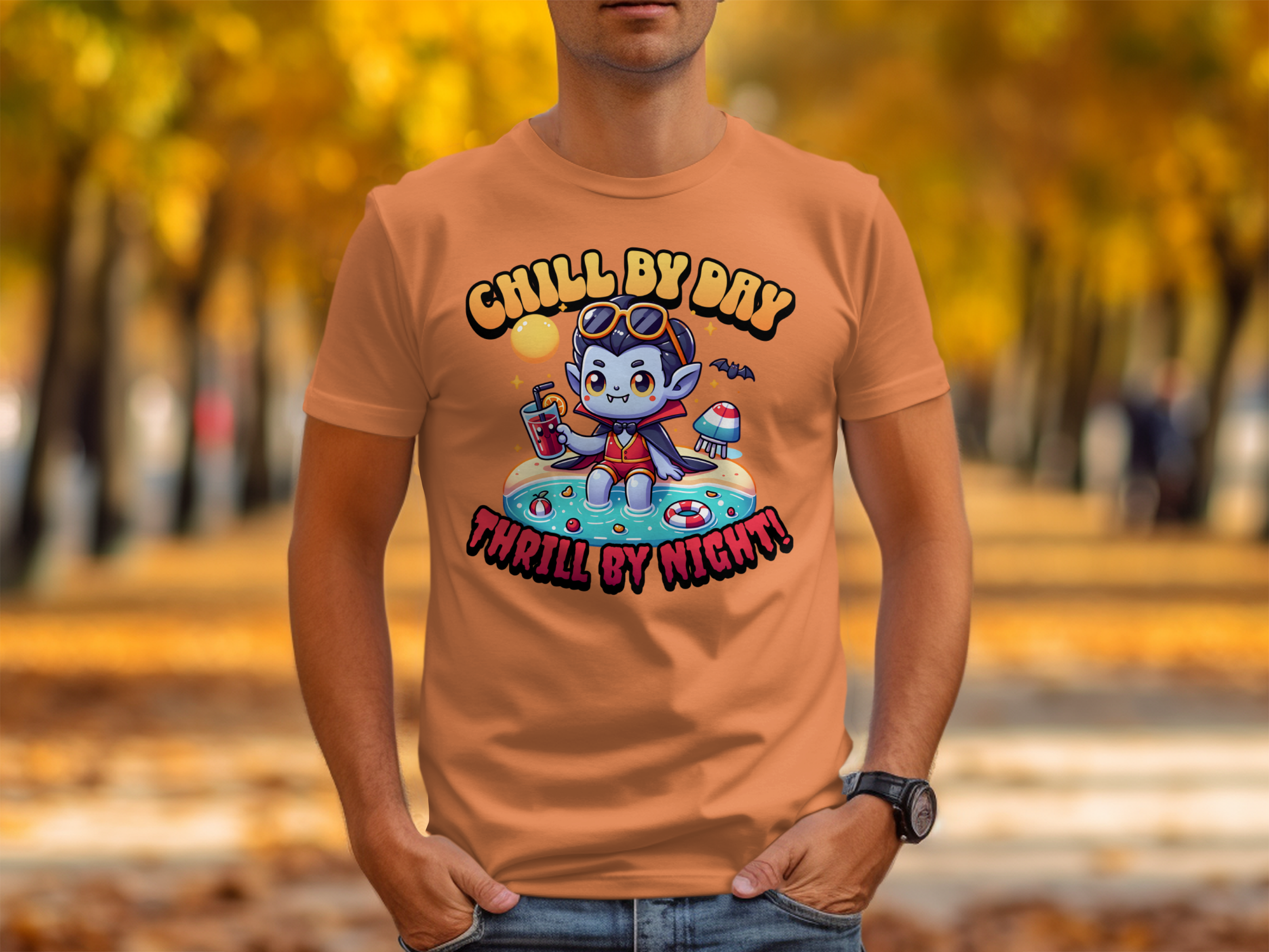 Chill by Day Thrill by Night Vampire Cartoon T-Shirt