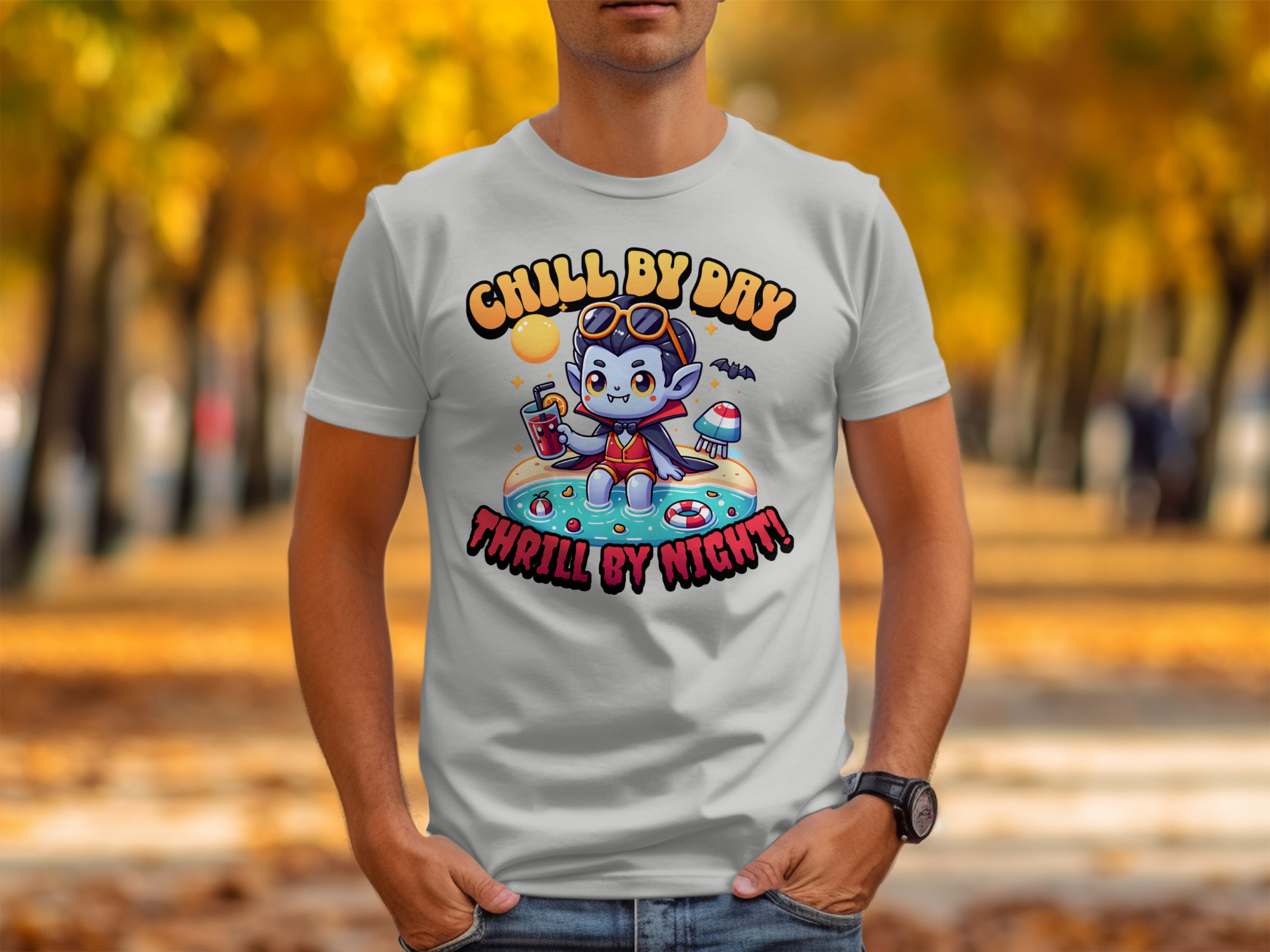 Chill by Day Thrill by Night Vampire Cartoon T-Shirt