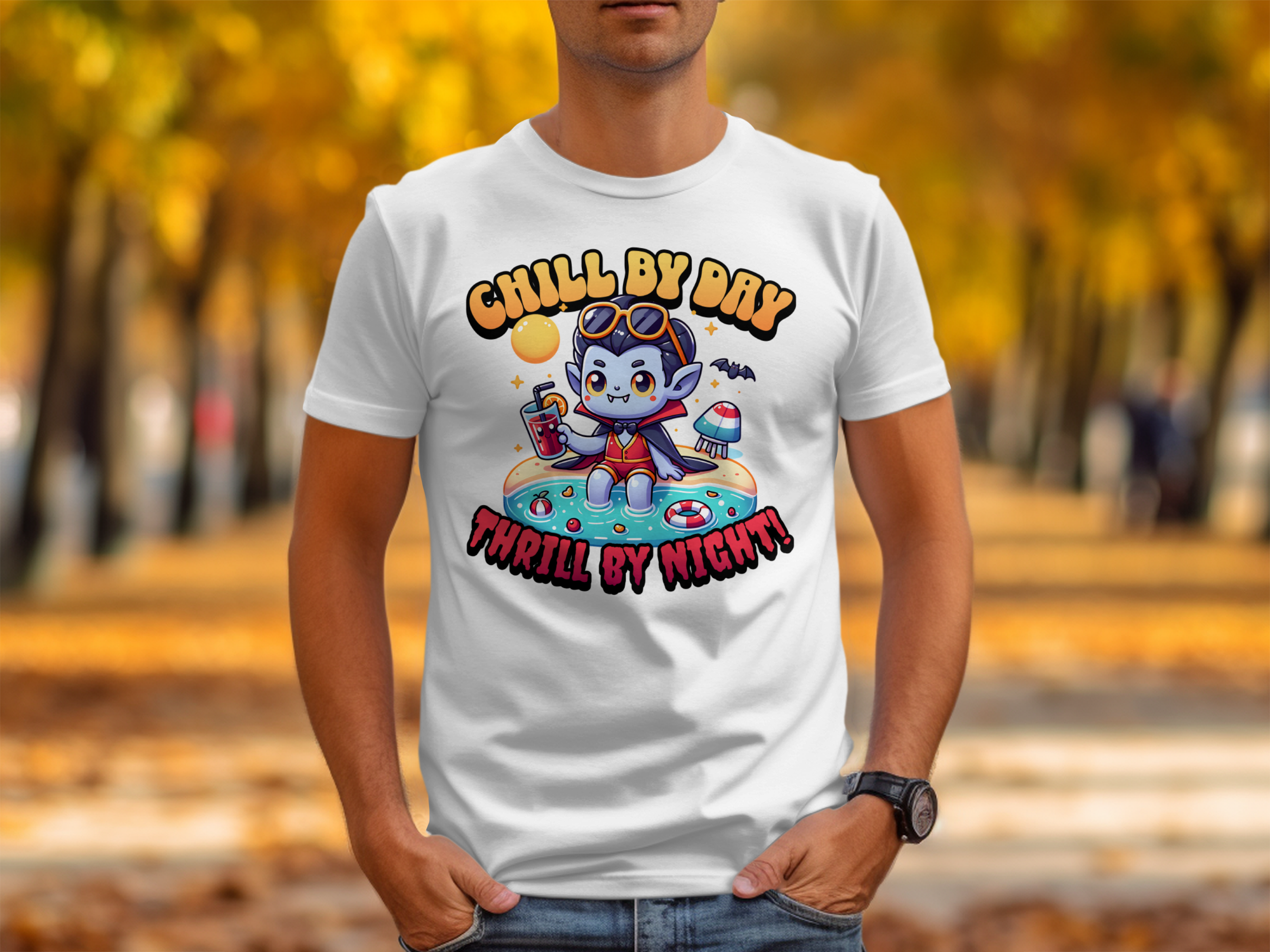 Chill by Day Thrill by Night Vampire Cartoon T-Shirt