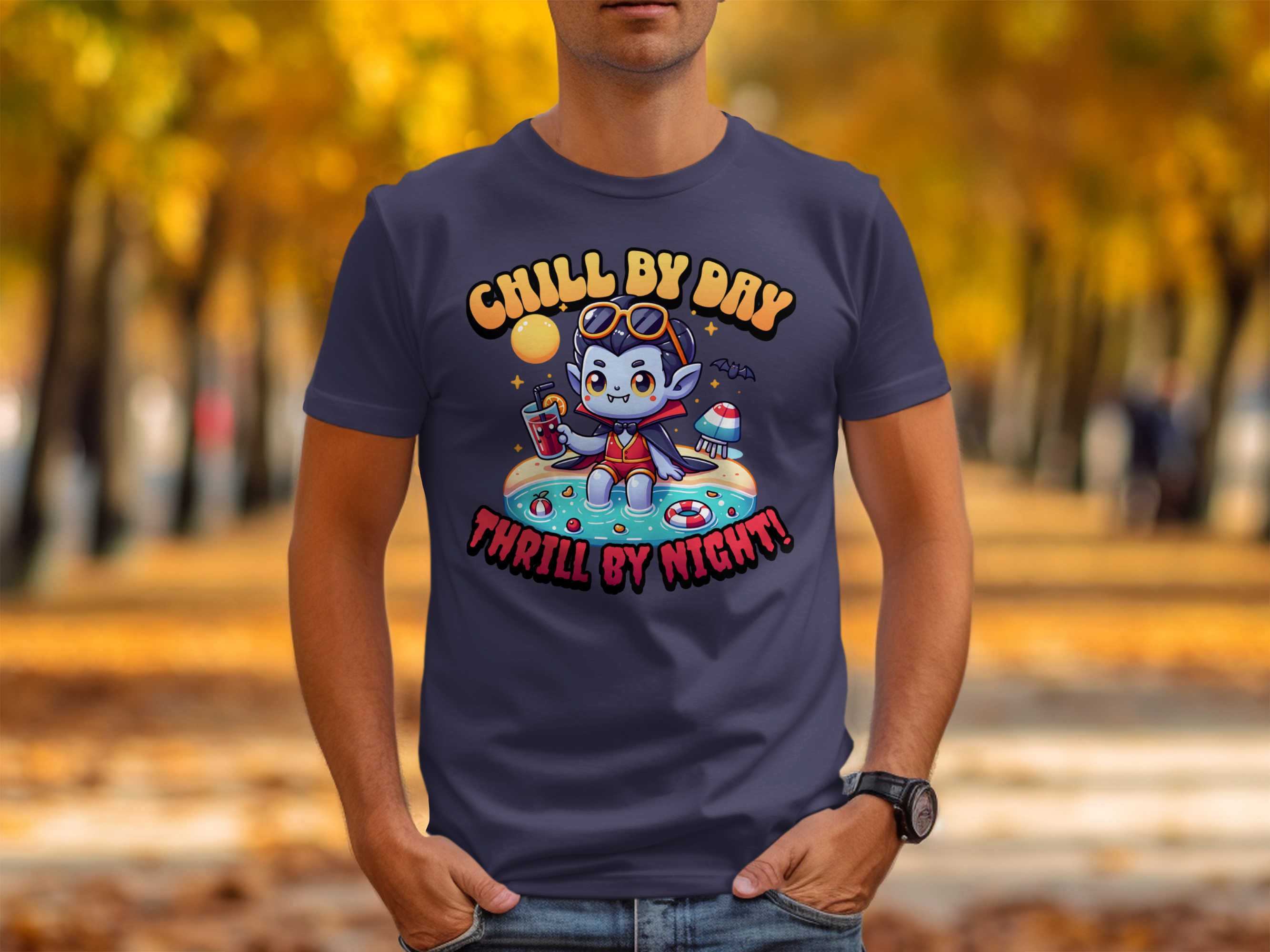 Chill by Day Thrill by Night Vampire Cartoon T-Shirt
