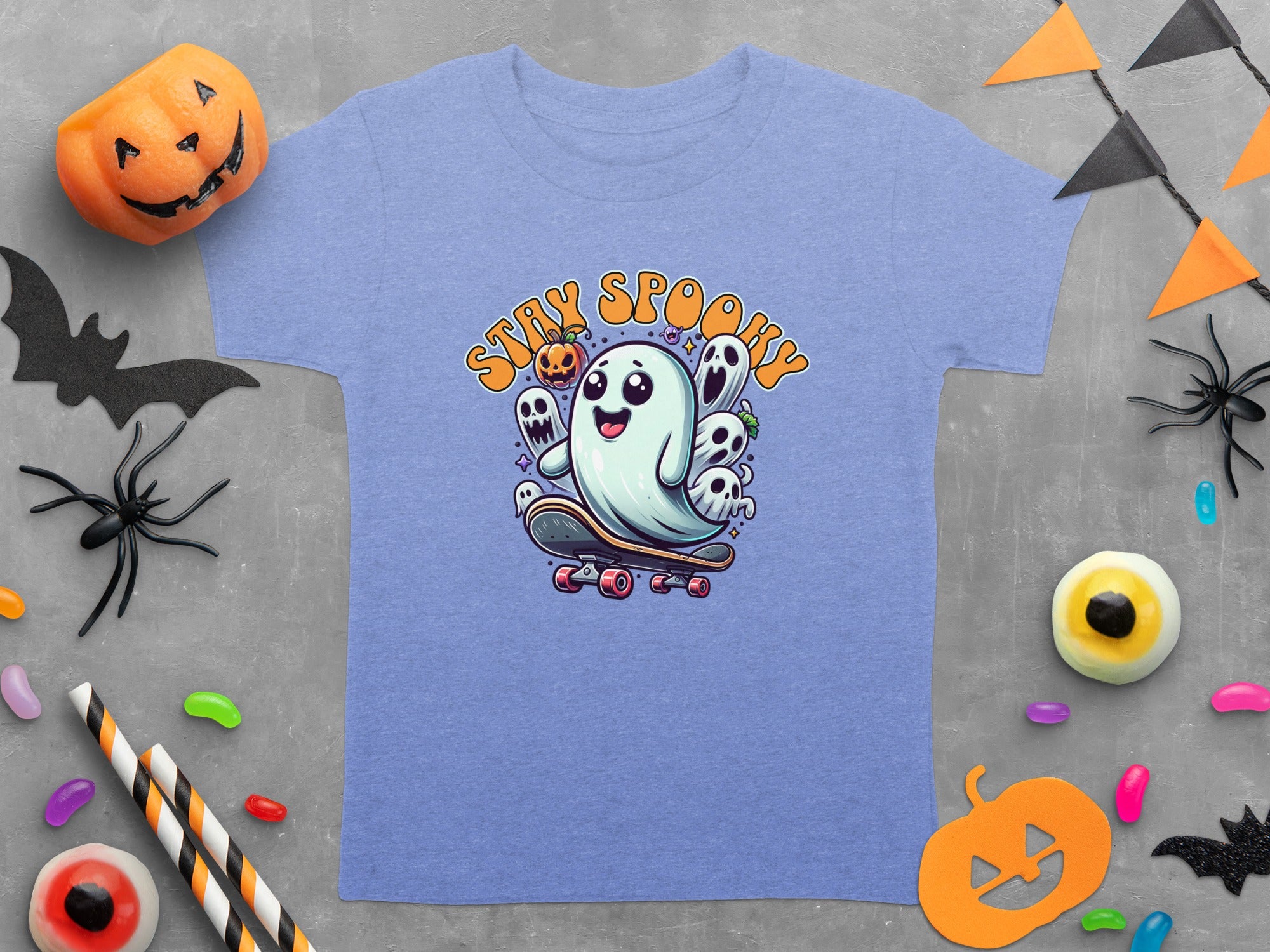Stay Spooky Ghost and Pumpkin Skateboard Halloween T-Shirt