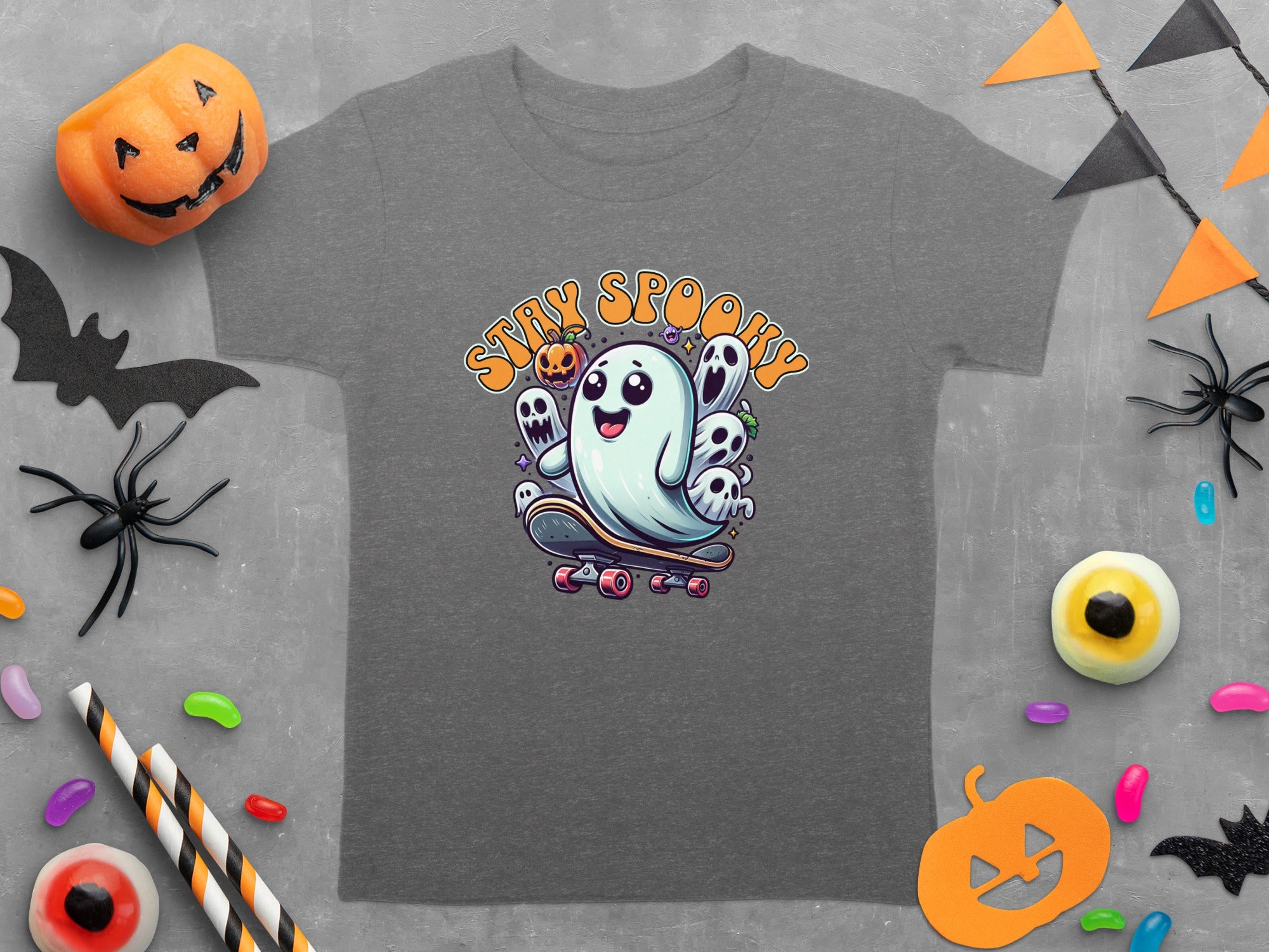 Stay Spooky Ghost and Pumpkin Skateboard Halloween T-Shirt
