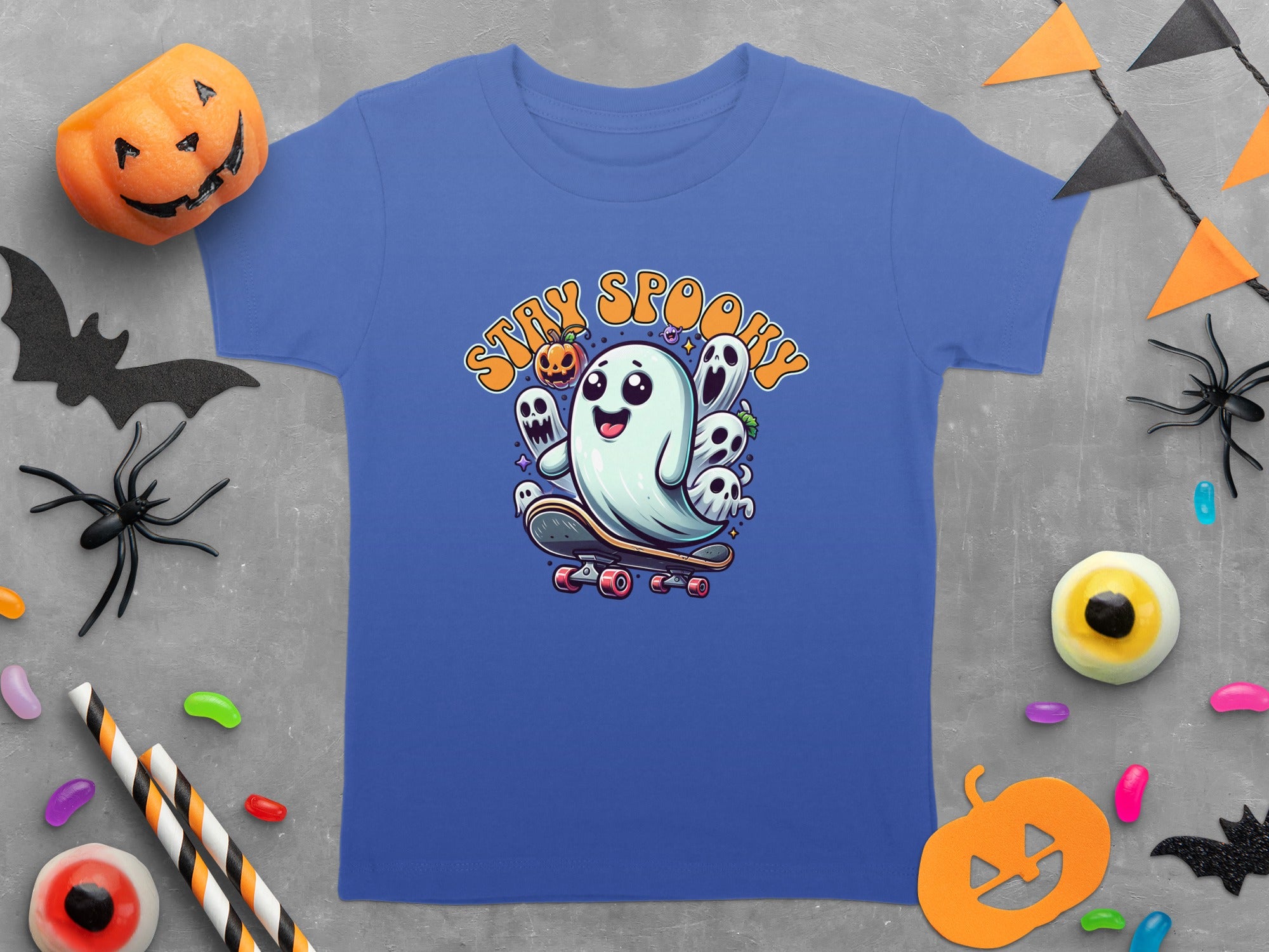 Stay Spooky Ghost and Pumpkin Skateboard Halloween T-Shirt