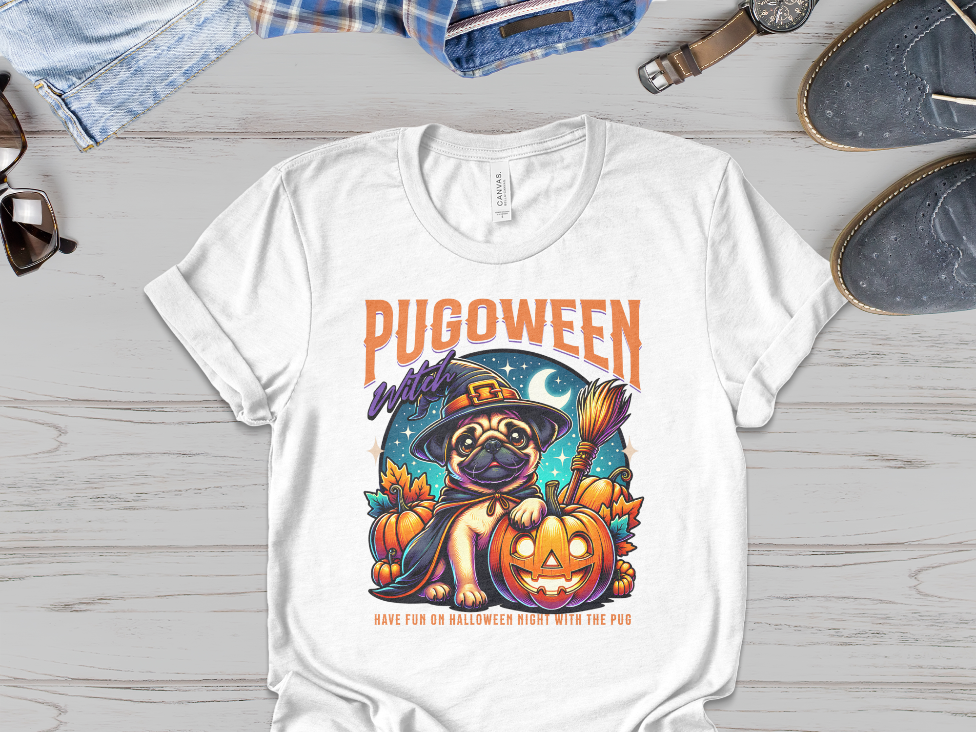 Pugoween Witch Halloween Pug Graphic Tee Shirt product type