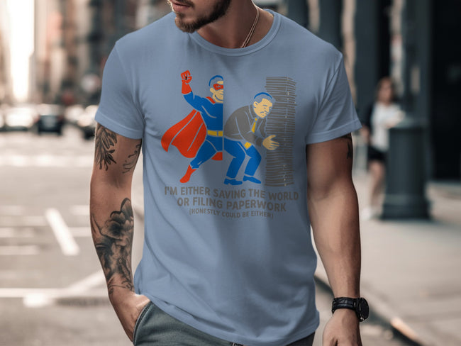 Superhero Saving the World Filing Paperwork T-shirt product type