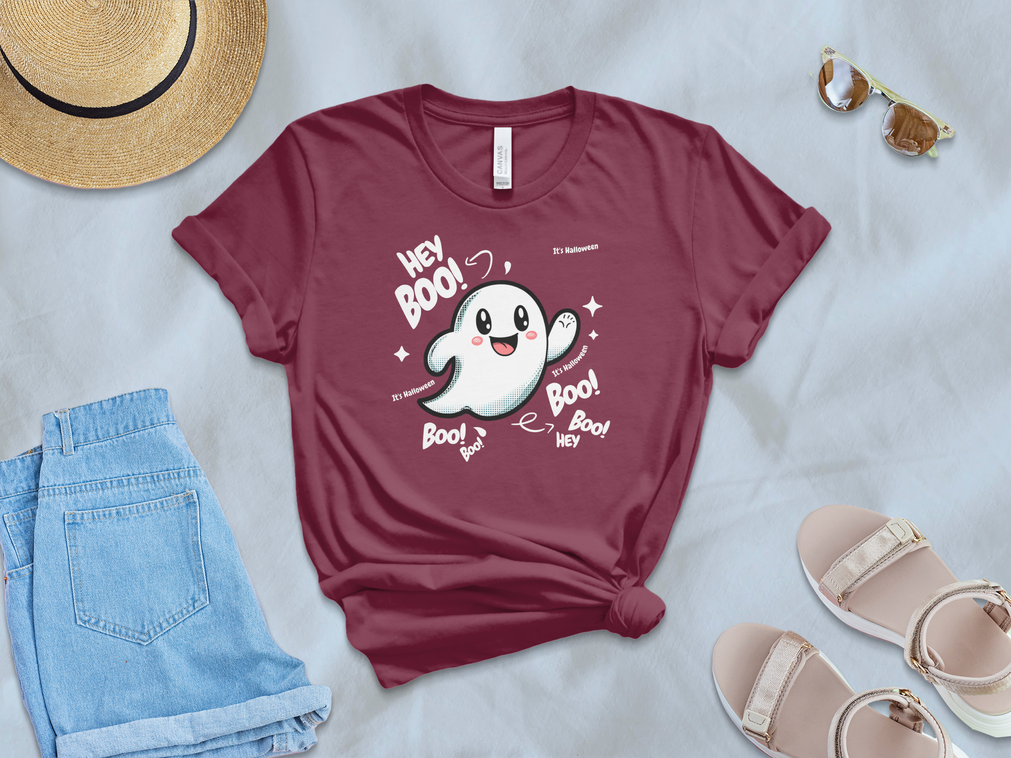 Cute Cartoon Ghost Saying Hey Boo T-Shirt Product Type